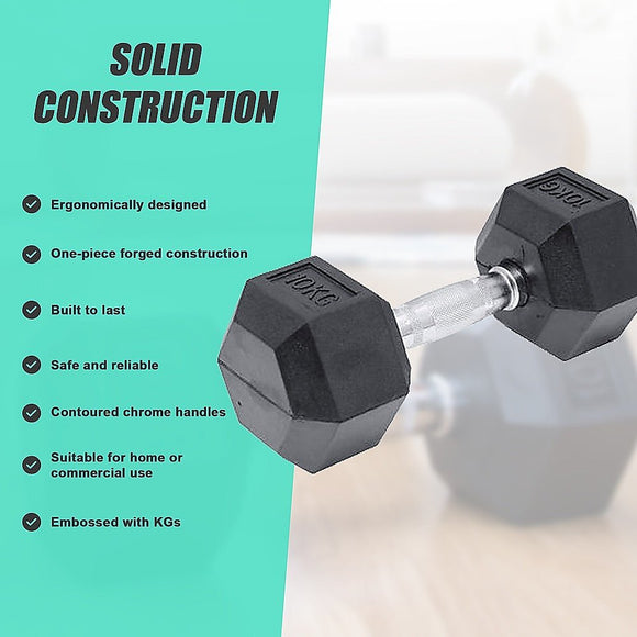 10KG Commercial Rubber Hex Dumbbell Gym Weight - RnR Galore