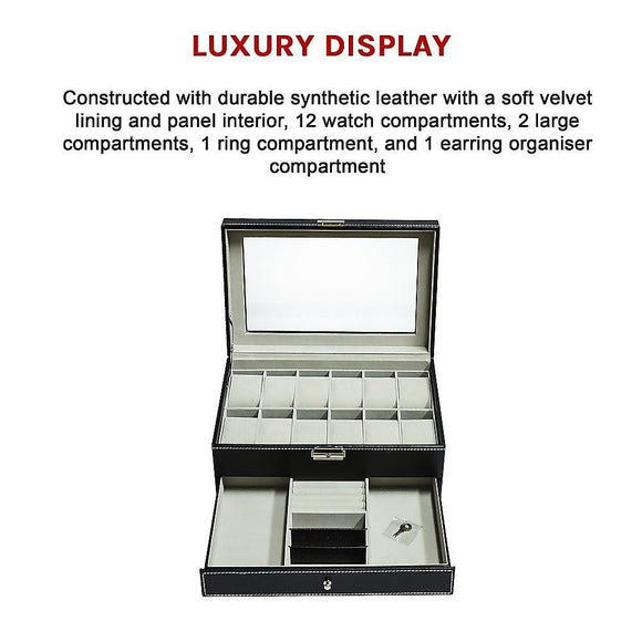 12 Grids Watch Display Case Leather jewellery Storage Box Organiser Lock Key - RnR Galore