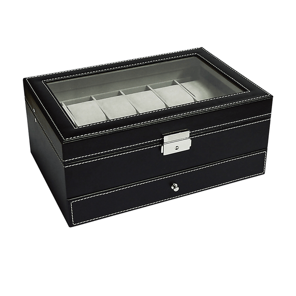 12 Grids Watch Display Case Leather jewellery Storage Box Organiser Lock Key - RnR Galore