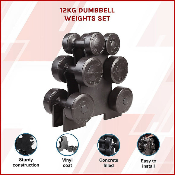 12kg Dumbbell Weights Set with Rack for Home Gym Training - RnR Galore