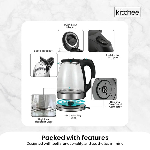 1.7L Electric Glass Kettle LED Blue Light 360 Automatic Cordless Water Boiling Jug - RnR Galore