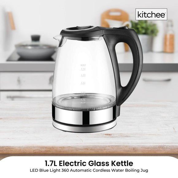 1.7L Electric Glass Kettle LED Blue Light 360 Automatic Cordless Water Boiling Jug - RnR Galore