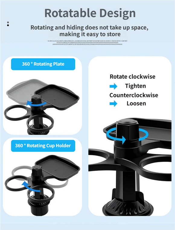 2 - in - 1 Car Rotating Dinner Tray & Double Cup Holder with Secure Phone Mount - Car Cup Slot Swivel Expander and Snacks & Drinks Organizer - RnR Galore