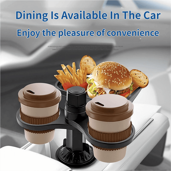 2 - Pack (2 - in - 1 Standard Version & 3 - in - 1 Pro Phone Mount Version) Car Rotating Dinner Tray & Double Cup Holder with Secure Phone Mount - Car Cup Slot Swivel Expander and Snacks & Drinks Organizer - RnR Galore