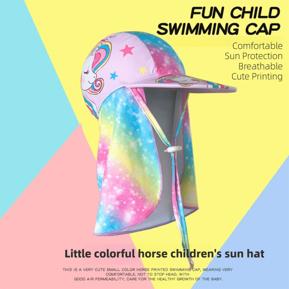2 - Pack Girls' Sun Protection Swim Cap Set - Cute Cartoon Rainbow Horse Pattern, Quick Dry Nylon Swimming & Wading Hat - RnR Galore