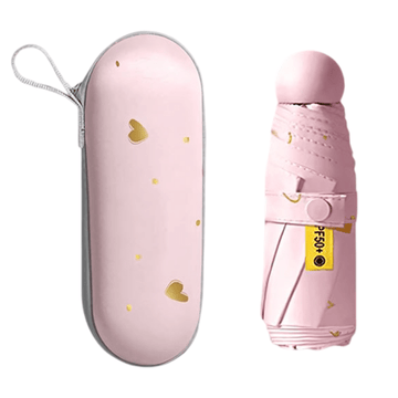 2 - Pack Pink Ultra - Compact 5 - Fold Waterproof All - Weather Umbrella for Women - Heart Pattern, Black Glue UV Protection, 8 - Rib Frame, Portable Capsule Parasol - RnR Galore