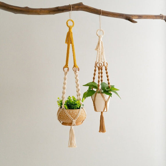 2 pcs Handwoven Plant Hanger - Cotton Rope Hanging Planter with Wooden Rings - RnR Galore