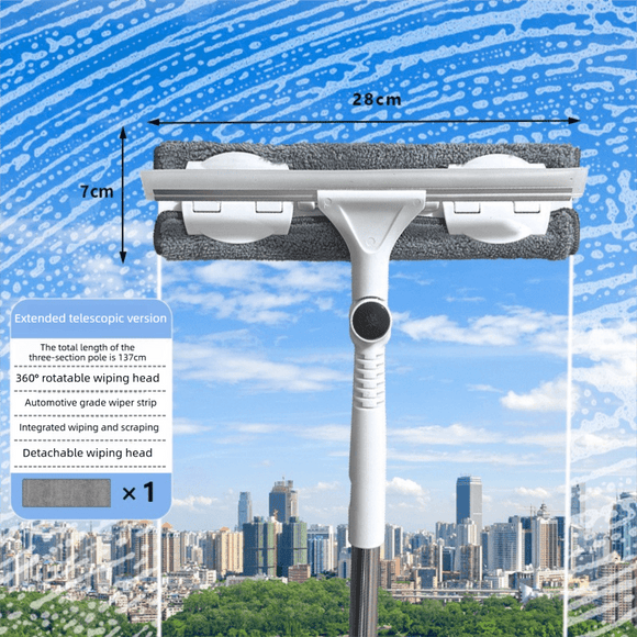 2 PCS Professional 2 - in - 1 Window Squeegee with 137cm Extension Pole - 360 Degree Rotatable High - Rise Window Cleaner with Microfiber Scrubber and Streak - Free Silicone Blade - RnR Galore