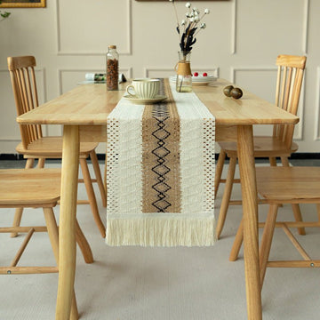 2 - PCS Rhombus Bohemian Woven Table Runner with Tassels - Rustic Farmhouse Decor for Dining & Coffee Tables - RnR Galore
