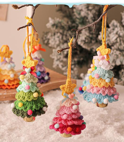 2 Pcs Style C Yellow and Green Handmade Crochet Christmas Tree Ornament - Festive Hanging Decoration with Jingle Bell - RnR Galore