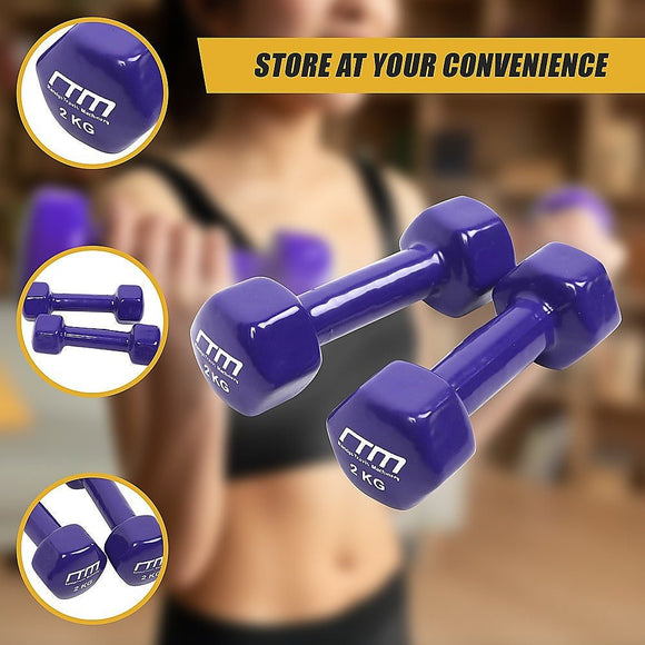 2kg Dumbbells Pair PVC Hand Weights Rubber Coated - RnR Galore