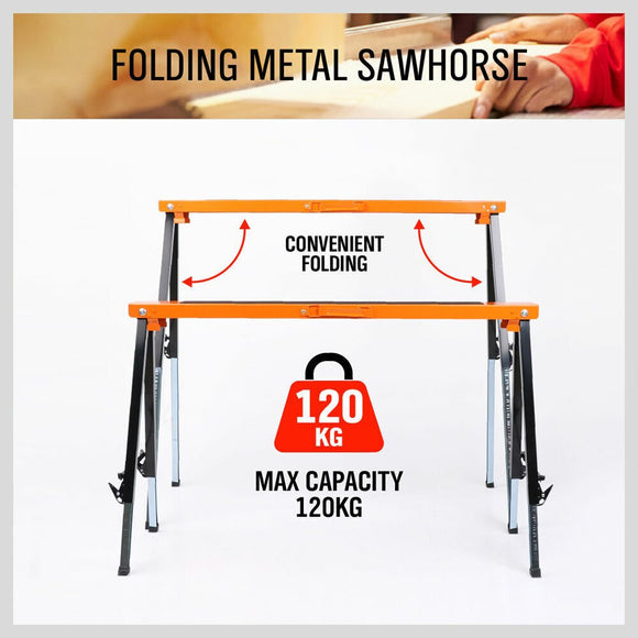 2Pc Mastercraft Sawhorse Metal Folding Non - slip Surface Saw Horse 120KG Capacity - RnR Galore