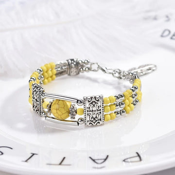 2PCS Ethnic - style Vintage Open Bracelet, Turquoise Beads with Silver Carved Accents, Bohemian Exotic Charm, a Personalized Accessory for Daily and Travel Wear.Yellow - RnR Galore