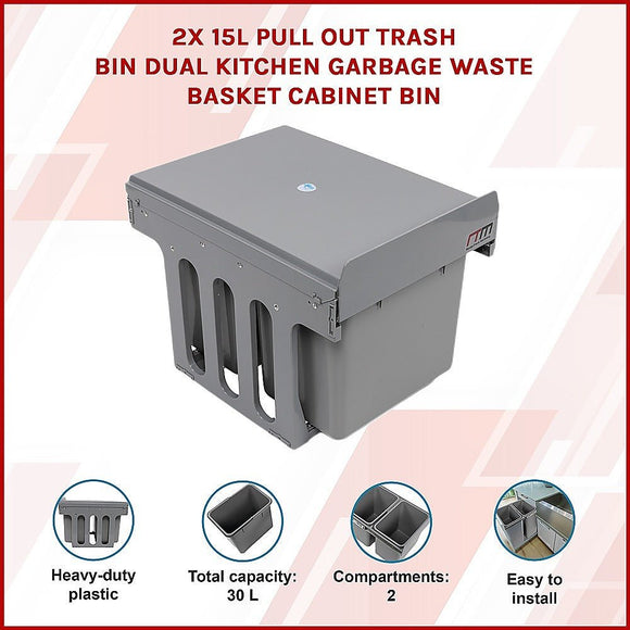 2x 15L Pull Out Trash Bin Dual Kitchen Garbage Waste Basket Cabinet Bin - RnR Galore