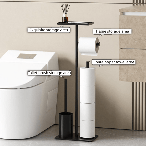 3 - in - 1 Freestanding Toilet Paper Holder - Thick Carbon Steel with Matte Black Finish, Storage Top, Paper Roll Holder, and Integrated Brush Holder - RnR Galore