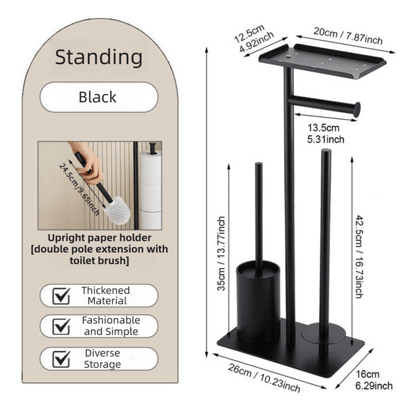 3 - in - 1 Freestanding Toilet Paper Holder - Thick Carbon Steel with Matte Black Finish, Storage Top, Paper Roll Holder, and Integrated Brush Holder - RnR Galore