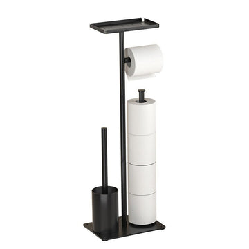 3 - in - 1 Freestanding Toilet Paper Holder - Thick Carbon Steel with Matte Black Finish, Storage Top, Paper Roll Holder, and Integrated Brush Holder - RnR Galore
