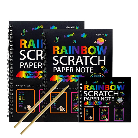 3 - Pack DIY Rainbow Scratch Art Books Set - Neon Black Scratch Paper for Kids, Multi - Size (S, M, L) Creative Drawing & Fun - RnR Galore
