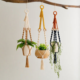 3 pcs Handwoven Plant Hanger - Cotton Rope Hanging Planter with Wooden Rings - RnR Galore