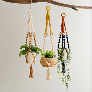 3 pcs Handwoven Plant Hanger - Cotton Rope Hanging Planter with Wooden Rings - RnR Galore
