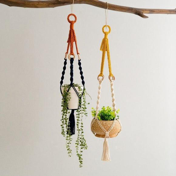 3 pcs Handwoven Plant Hanger - Cotton Rope Hanging Planter with Wooden Rings - RnR Galore