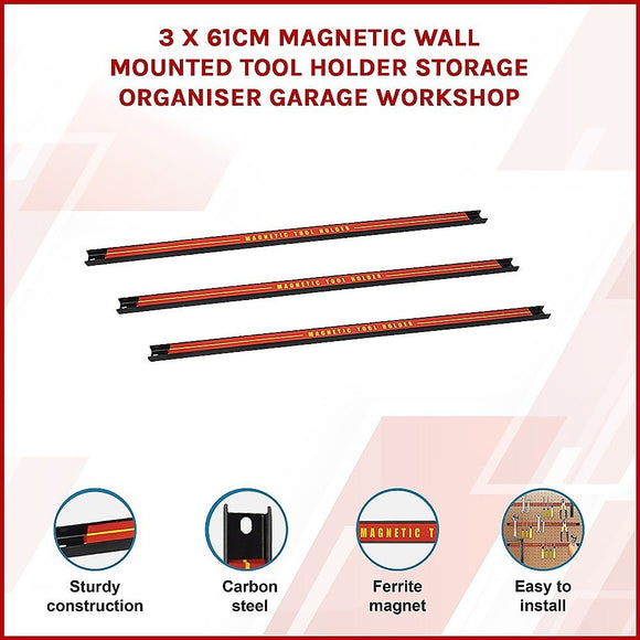 3 x 61cm Magnetic Wall Mounted Tool Holder Storage Organiser Garage Workshop - RnR Galore