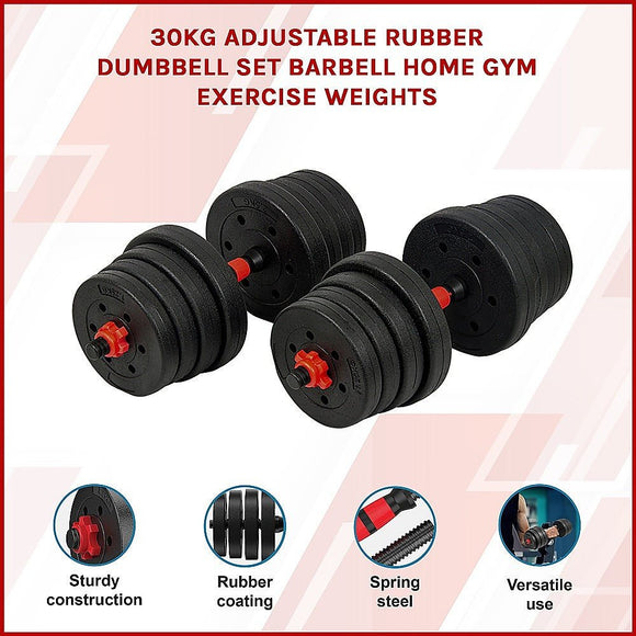 30kg Adjustable Rubber Dumbbell Set Barbell Home GYM Exercise Weights - RnR Galore