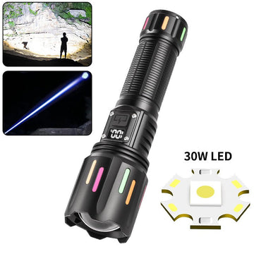 30W High Brightness LED Flashlight with Digital Display & Fluorescent Design - USB Rechargeable, 800 - 1200M Range(black+One 26650 battery) - RnR Galore