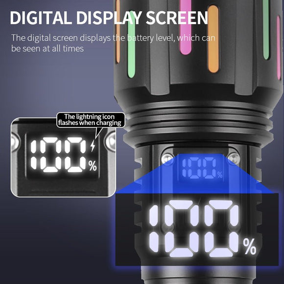 30W High Brightness LED Flashlight with Digital Display & Fluorescent Design - USB Rechargeable, 800 - 1200M Range(black+One 26650 battery) - RnR Galore