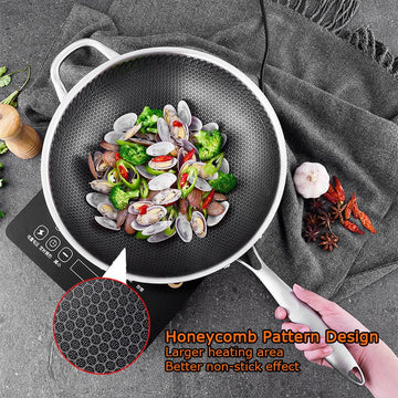 316 Stainless Steel 34cm Non - Stick Stir Fry Cooking Kitchen Wok Pan without Lid Honeycomb Double Sided - RnR Galore