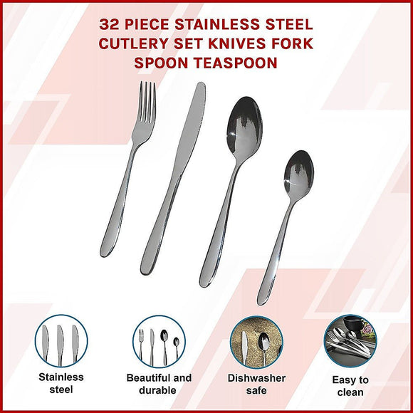 32 Piece Stainless Steel Cutlery Set Knives Fork Spoon Teaspoon - RnR Galore
