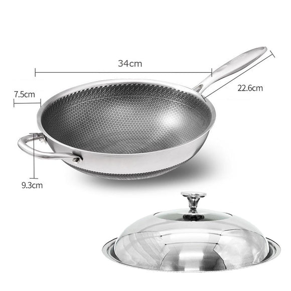 34cm 304 Stainless Steel Non - Stick Stir Fry Cooking Kitchen Honeycomb Wok Pan with Lid - RnR Galore