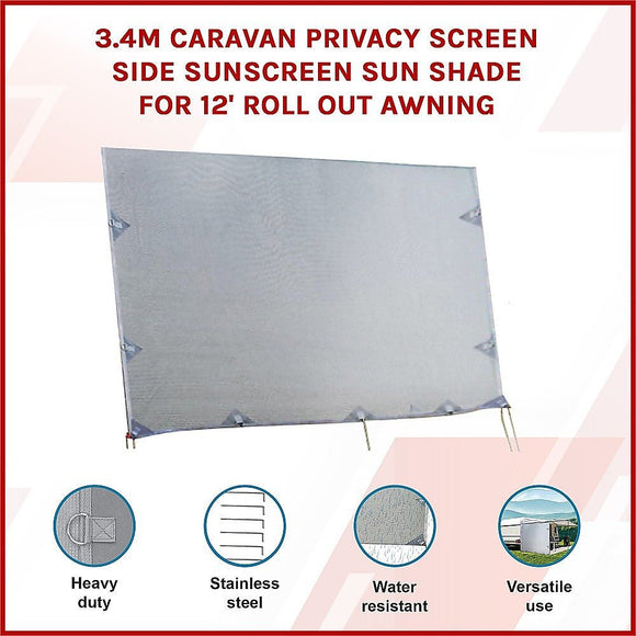 3.4m Caravan Privacy Screen Side Sunscreen Sun Shade for 12' Roll Out Awning - RnR Galore
