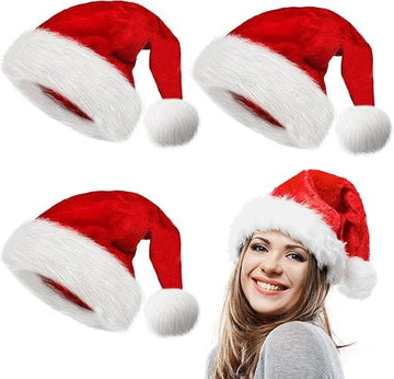 3Pack Christmas Santa Hats for Adults - Extra Thicken Velvet Santa Claus Hats for Women Men Fluffy Plush Xmas Hats Christmas Party Supplies New Year's Eve Party Hats for Adults Teenagers - RnR Galore