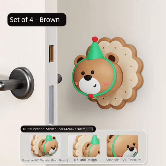 4 Pcs Brown Adorable Bear Wall Protector - Multi - Use Self - Adhesive Door Stopper Bumper - RnR Galore
