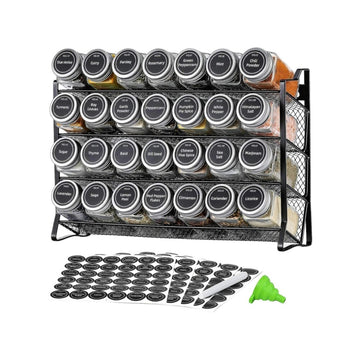4 Tier Metal Spice Rack + 28 Glass Jars - Kitchen Pantry Herb Storage Organiser - RnR Galore