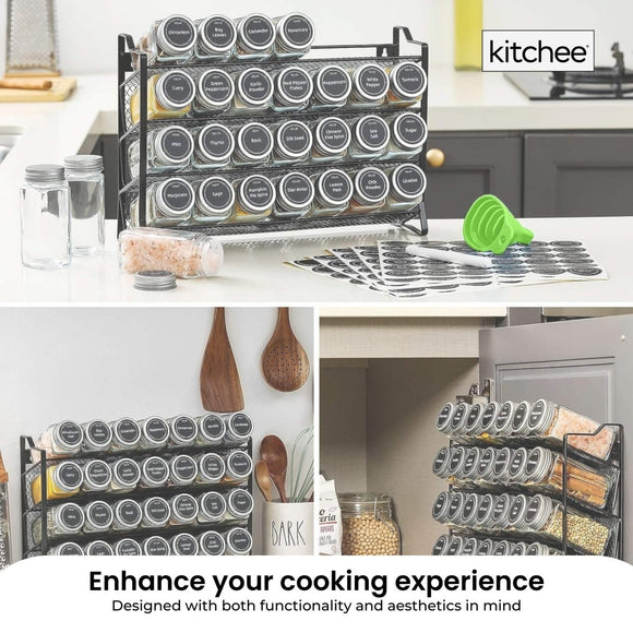 4 Tier Metal Spice Rack + 28 Glass Jars - Kitchen Pantry Herb Storage Organiser - RnR Galore