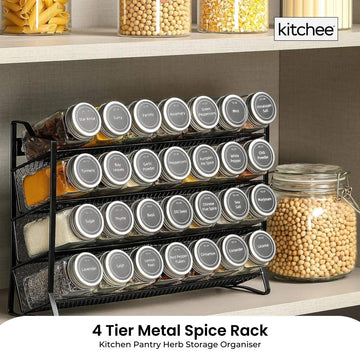 4 Tier Metal Spice Rack + 28 Glass Jars - Kitchen Pantry Herb Storage Organiser - RnR Galore