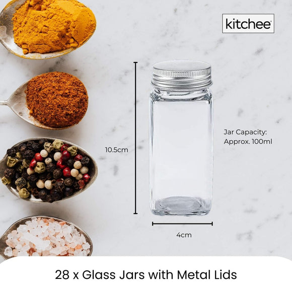 4 Tier Metal Spice Rack + 28 Glass Jars - Kitchen Pantry Herb Storage Organiser - RnR Galore