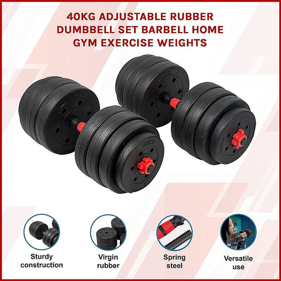 40kg Adjustable Rubber Dumbbell Set Barbell Home GYM Exercise Weights - RnR Galore