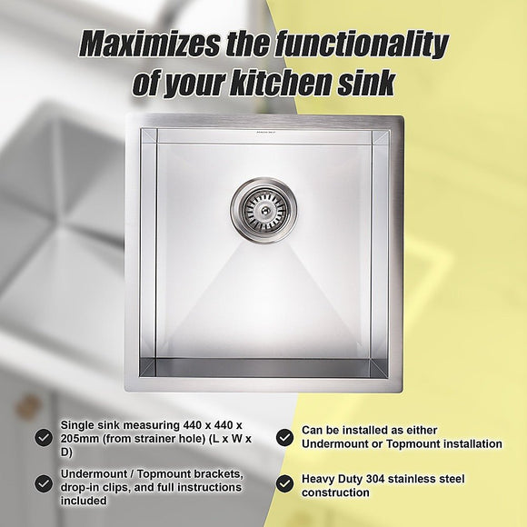440x440mm Handmade Stainless Steel Undermount / Topmount Kitchen Laundry Sink with Waste - RnR Galore