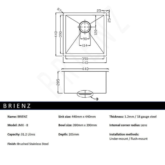 440x440mm Handmade Stainless Steel Undermount / Topmount Kitchen Laundry Sink with Waste - RnR Galore