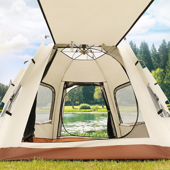 5 - 8 Person Hexagonal Camping Tent | Double - Layer Silver Coated Waterproof Shelter with Awning (280*280*158cm) - RnR Galore