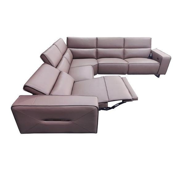 5 Seater Real Cow Leather Sofa with Power Recliner Adjustable Headrest Wooden Frame Corner Lounge - RnR Galore