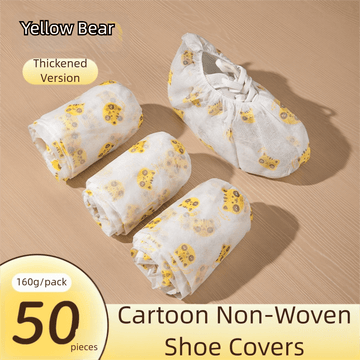 50 Pieces Thickened Non - Woven Disposable Shoe Covers (Yellow Bear) – Universal Fit (EU Size 34 - 45) for Guests & Floor Protection - RnR Galore