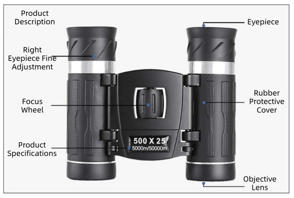 500x25 High Power HD Binoculars - Portable Concert Telescope with Phone Photography Capability, FMC Coated Optics - RnR Galore