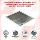510x450mm Handmade Stainless Steel Undermount / Topmount Kitchen Laundry Sink with Waste - RnR Galore
