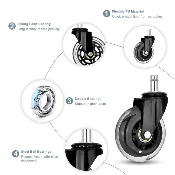 5X 3'' Rollerblade Style Wheels Office Chair Casters - Slient Smooth, 11x22mm Stem - RnR Galore