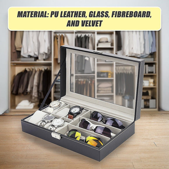 6+3 Grid Watch Sunglass Eyeglasses Display Box Case Storage Organizer PU Leather - RnR Galore