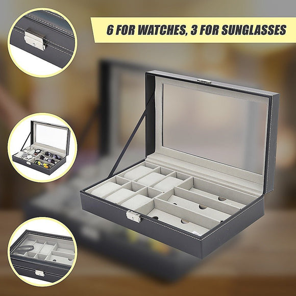 6+3 Grid Watch Sunglass Eyeglasses Display Box Case Storage Organizer PU Leather - RnR Galore